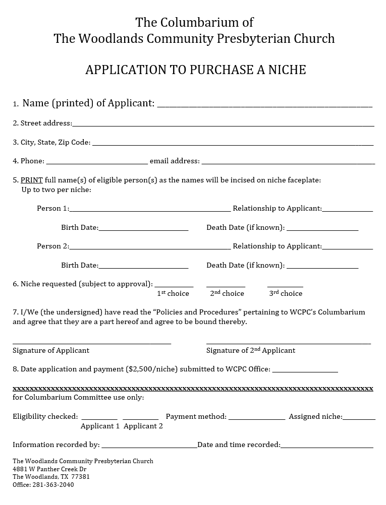 Application to Purchase a Niche